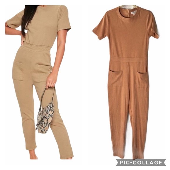 MISSGUIDED Camel Ribbed Ankle Jumpsuit 10 - Picture 1 of 10